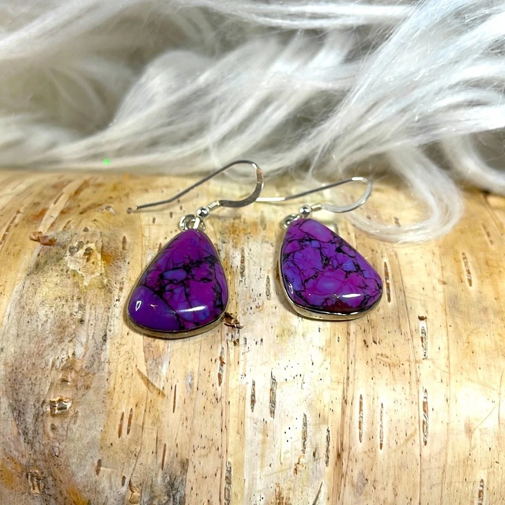 Sterling silver purple Turquoise Earrings 925 - Picture 3 of 9